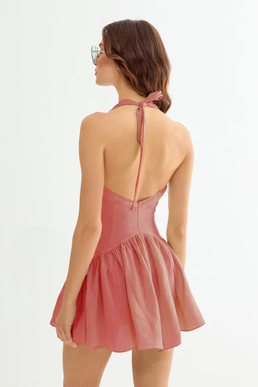 KRISTINE V-Neck Linen Pink Mini Dress