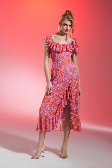 CARMINE Floral Print Ruffle Chiffon Midi Dress