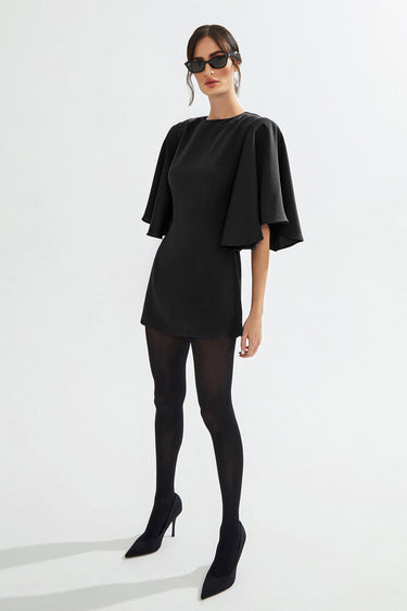 MARIAN Cape Detail Mini Satin Black Dress