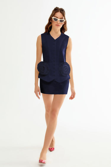 PETITE Rose Detailed Linen Navy Blue Vest