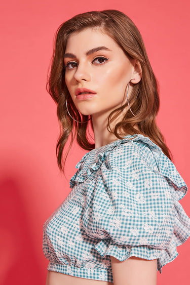 RONI Square Pattern Balloon Sleeve Crop Top