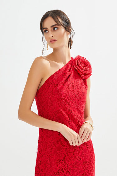 GENNIE One Shoulder Red Lace Maxi Dress