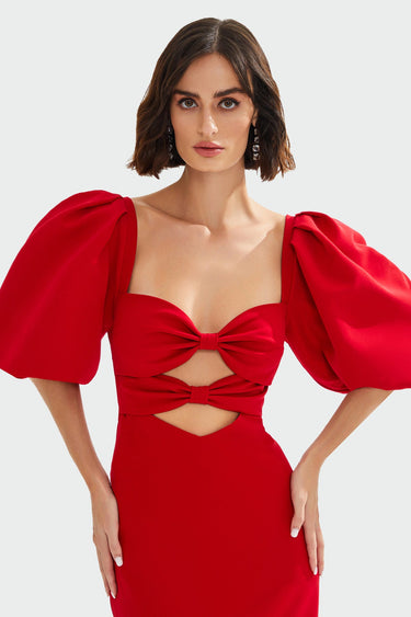 CHIARA Bow Detailed Midi Red Dress