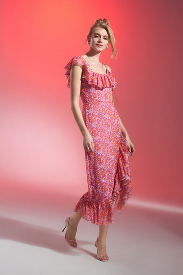 CARMINE Floral Print Ruffle Chiffon Midi Dress