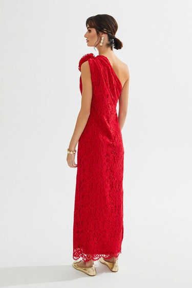 GENNIE One Shoulder Red Lace Maxi Dress