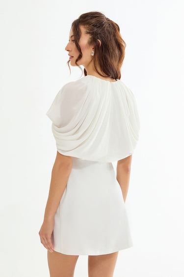 SHERI Rose Detailed Cape Mini White Dress