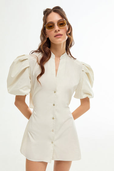 MILO Balloon Sleeve Beige Mini Shirt Dress