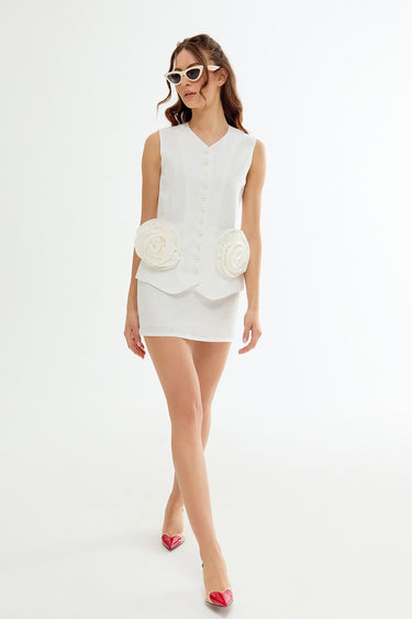 PETITE Rose Detailed Linen White Vest