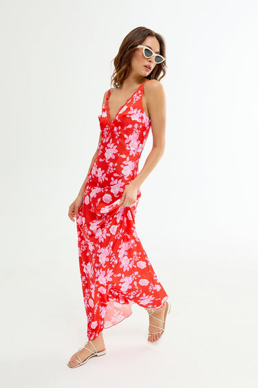 COLINE Floral Patterned Red Midi Dress