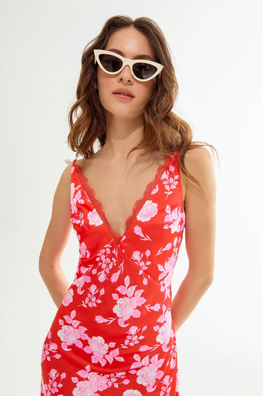 COLINE Floral Patterned Red Midi Dress