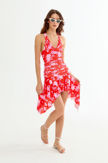 ERICA Floral Patterned Draped Red Mini Dress