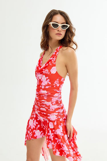 ERICA Floral Patterned Draped Red Mini Dress