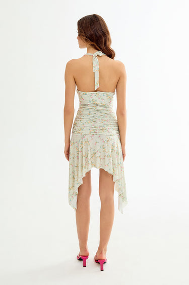 ERICA Floral Patterned Aqua Green Mini Dress