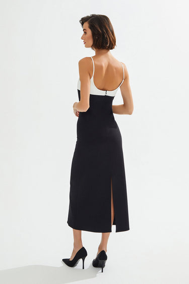 GABBY Black Midi Dress with White Chest Detail