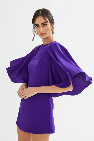 MARIAN Cape Detail Mini Satin Purple Dress