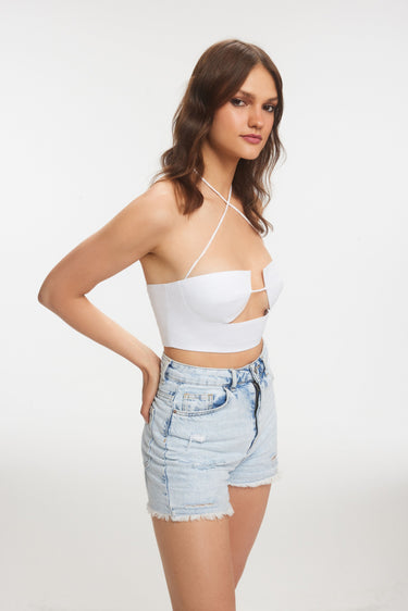 ELENA White Crop Top With Linen Handles