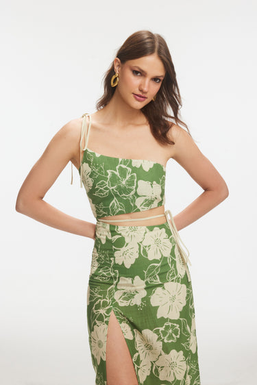 OSSEI Floral Patterned Linen Khaki Midi Dress