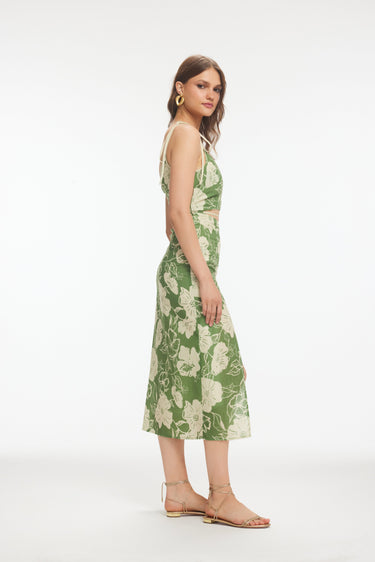 OSSEI Floral Patterned Linen Khaki Midi Dress