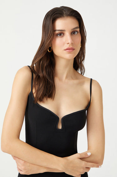 PENNIE V Bust Detail Mini Black Crepe Dress