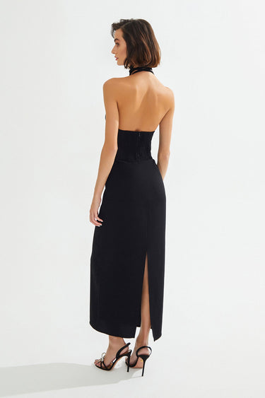 BRESLIN Halter Neck Midi Black Dress