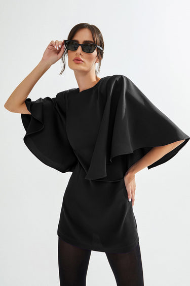 MARIAN Cape Detail Mini Satin Black Dress