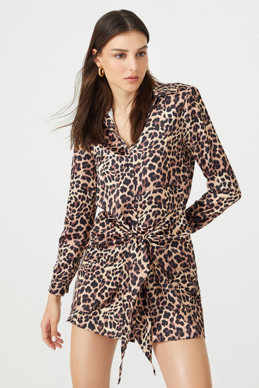 PORTA Satin Leopard Mini Shirt Dress