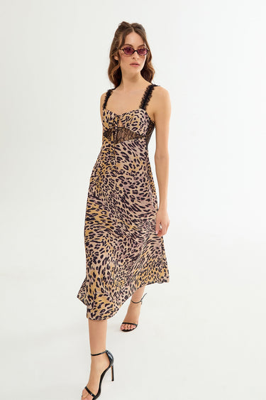 RENNA Cheetah Pattern Lace Detailed Midi Dress