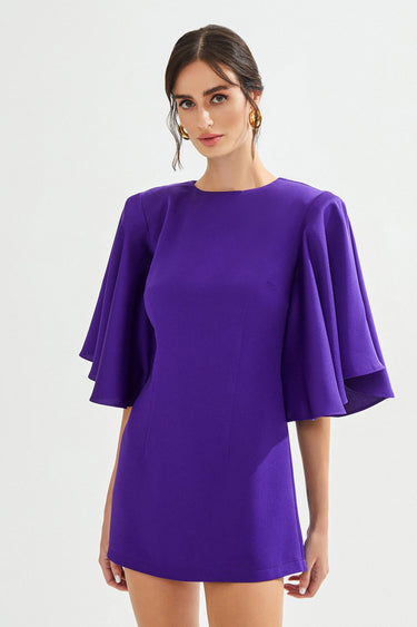 MARIAN Cape Detail Mini Satin Purple Dress