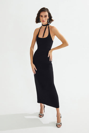 BRESLIN Halter Neck Midi Black Dress