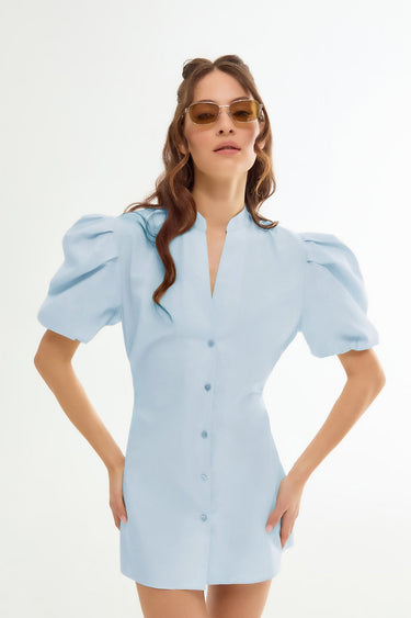 MILO Balloon Sleeve Blue Mini Shirt Dress