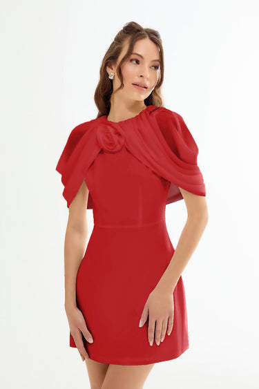 SHERI Rose Detailed Cape Mini Red Dress